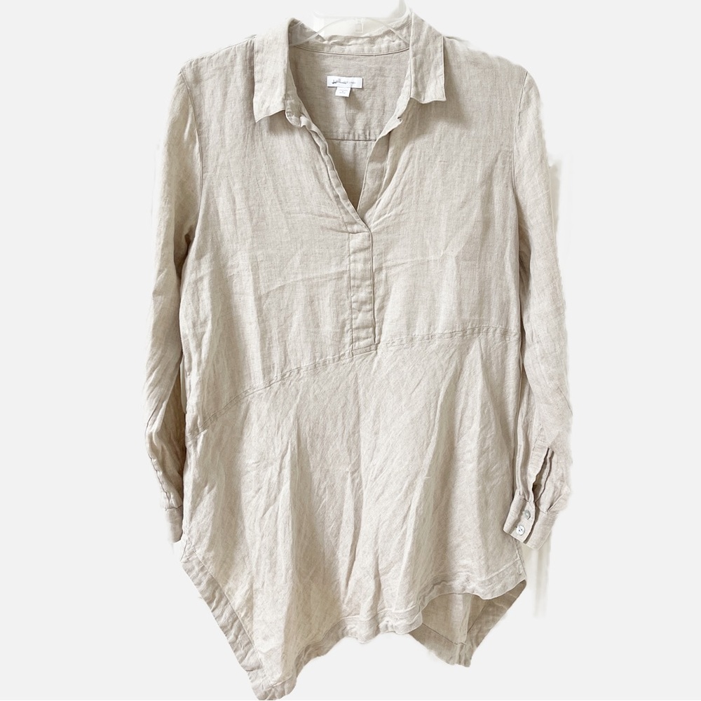 J. Jill Love Linen Neutral Asymmetrical Split Neck Tunic Long Line Blouse Top